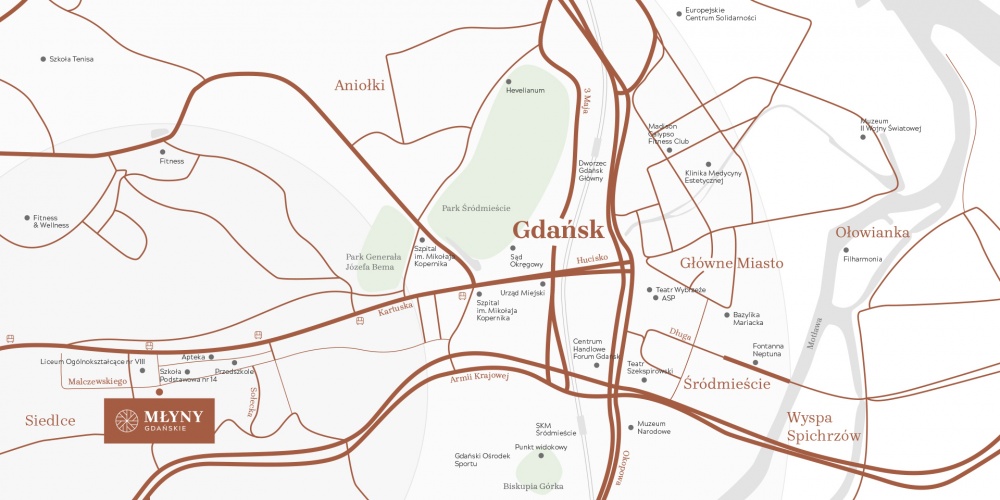 Młyny Gdańskie zlokalizowane będą w odległości jedynie 2 km od Starego Miasta