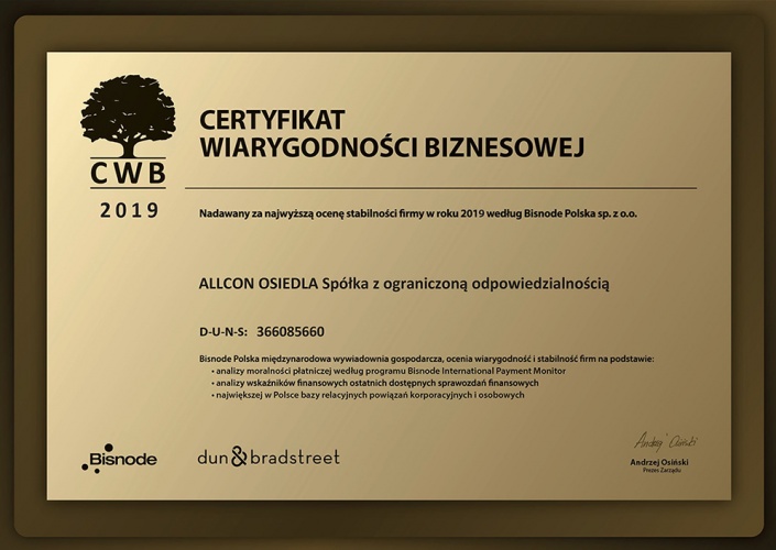 Certyfikat Wiarygodności Biznesowej dla ALLCON OSIEDLA - zdjęcie główne