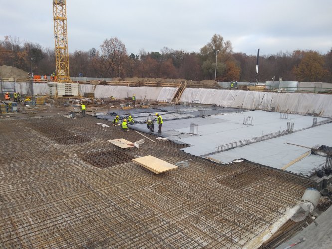 Układanie zbrojenia płyty fundamentowej budynku. Kolejny etap to zalanie jej betonem.