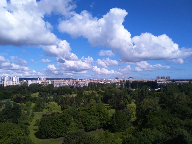 Budynek Delta - widok z 9 piętra w kierunku północnym na park im. Jana Pawła II oraz Zatoką Gdańską na horyzoncie.